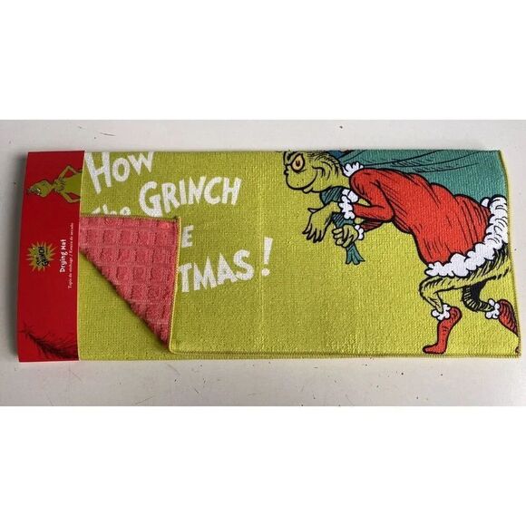 Dr. Seuss The Grinch Christmas Dish Drying Mat Kitchen Sleigh Whoville Green NEW - Picture 1 of 9